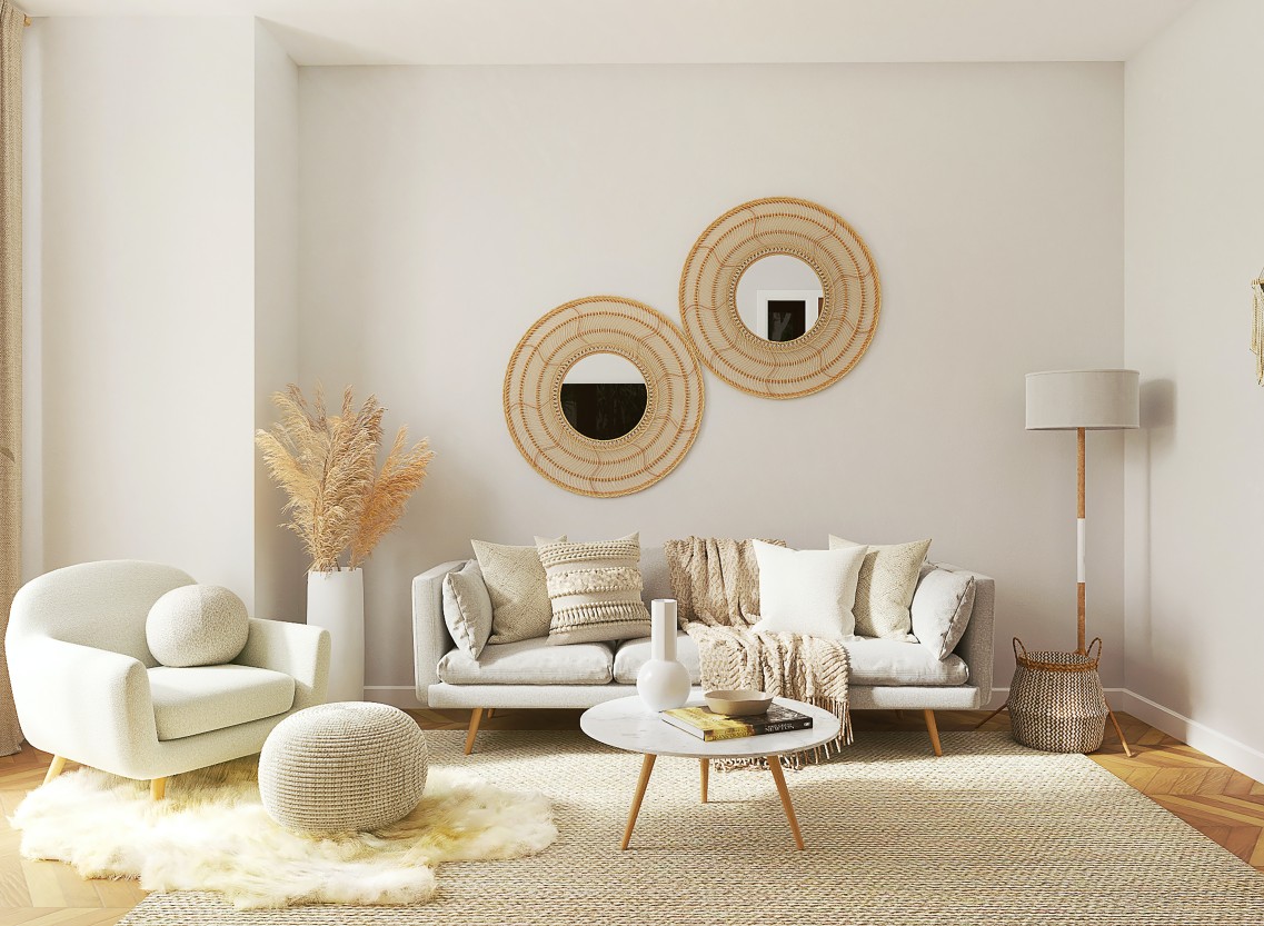 A living room with a beige colour scheme